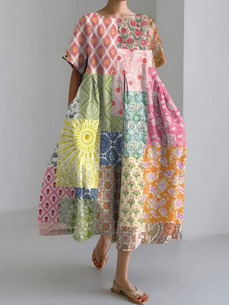 2024 New Women's Round Neck Long Casual Dress Summer Large Size Fresh Fish Print Dress Street Vacation Short-sleeved Dress