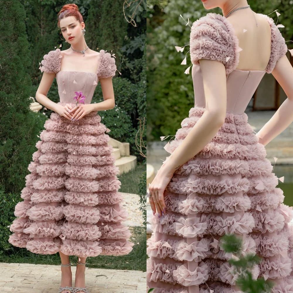 Customized Sexy Casual Net Pleat Tiered Tassel Formal Evening A-line Square Neck Bespoke Occasion Gown Midi Dresses