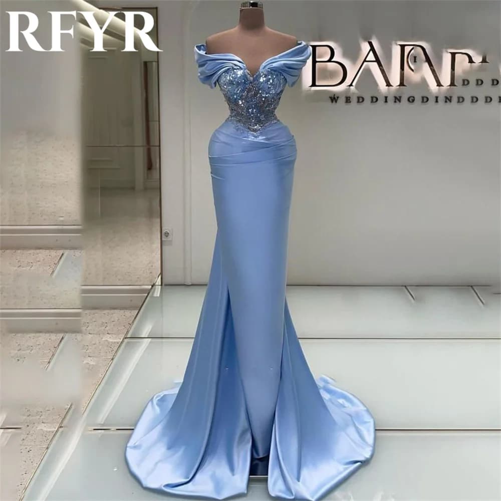 RFYR Sky Blue Elegant Scoop Sequins Women Evening Dress with Pleats Off the Shoulder Trumpet Prom Formal Gowns Dress Customized