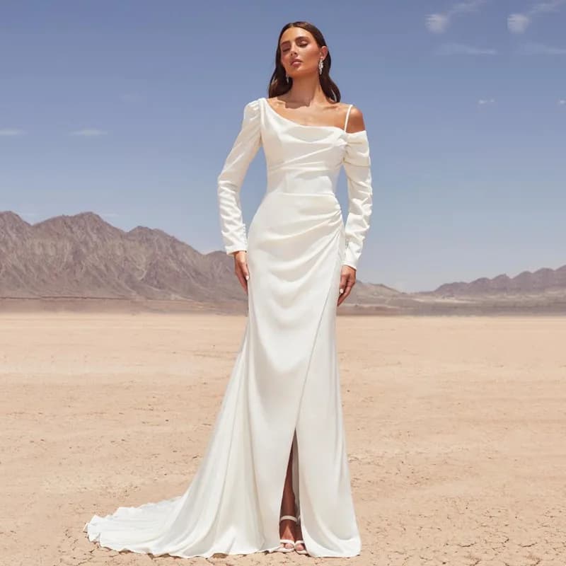 Customized Simple Mermaid Satin Wedding Dress Elegant Sleeveless Spaghetti Straps Pleated Backless Button Sexy Slit Bridal Grown