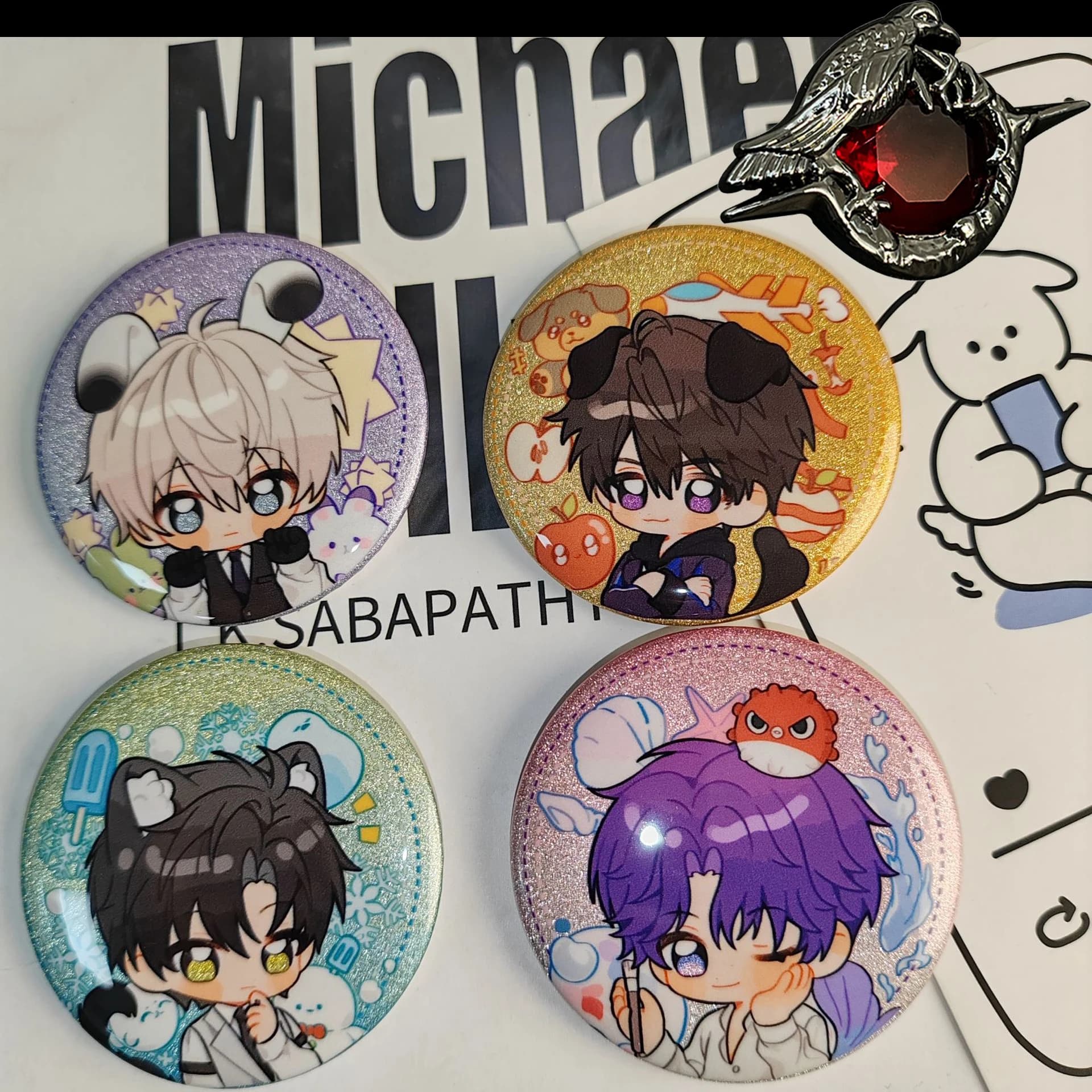 Love And Deepspace Sylus Crow Brooches Cosplay Caleb Rafayel Tinplate Laser Badges Halloween Party Props Fans Collection Gifts