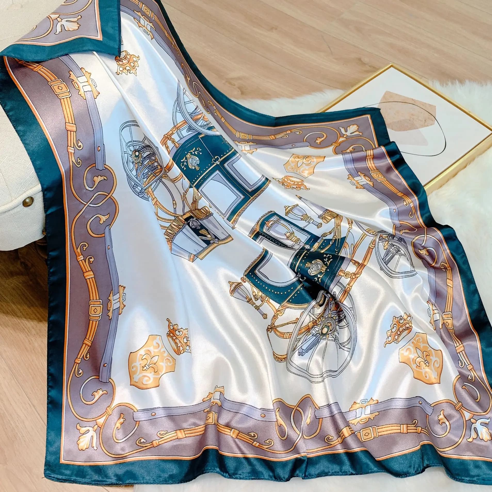 Luxury 2022 Horse Print Headband Hijab Silk Satin Scarf for Women Bandana Muslim Girls Shawl Wraps Hair Accessories 90*90cm