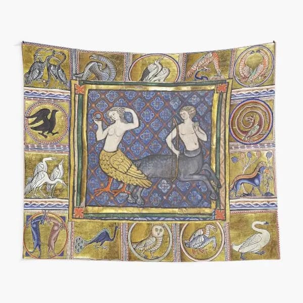Medieval Bestiary Harpy And Centaur Fan Tapestry Decor Living Bedroom Room Printed Beautiful Yoga Colored Wall Hanging Towel