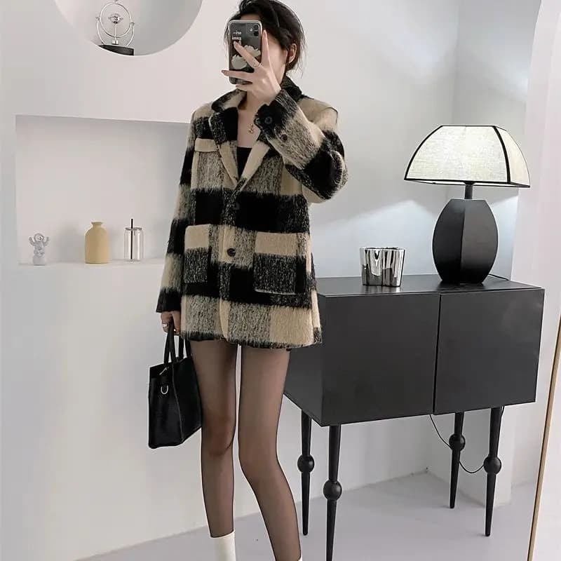 Women's Tops Plaid Small Fragrant Wind Jacket Cotton Wool Coat Autumn and Winter Plaid Thickening Small Suit Retro Quite Broad S