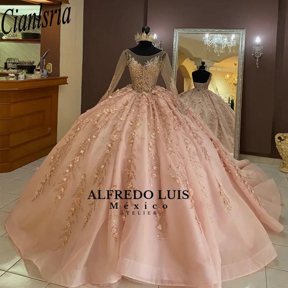 Pink Illusion Long Sleeve Beading Crystal Quinceanera Dresses Ball Gown 3D Flowers Appliques Lace Sweet 15 Birthday Party