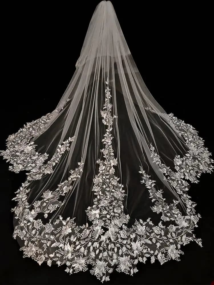 Applique Lace 3 Meters Wedding Veil White Ivory Champagne Cathedral Bride Veil Luxury Floral Wedding Accessories