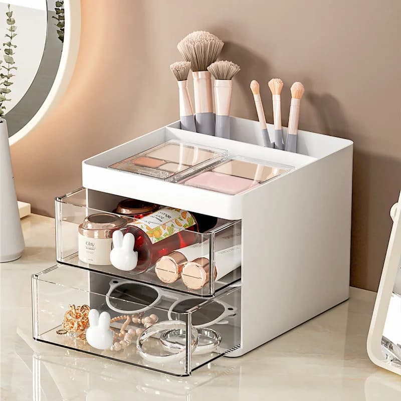 1PC 2-layer Cartoon Creative Pen Holder Transparent Drawer Rabbit Storage Box Children's Girls Student Office Desktop