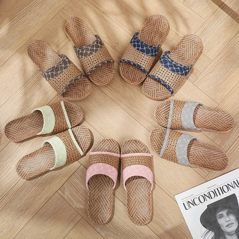 Weaving Rattan Grass Slippers, Breathable Wooden Flooring, Couple's Home, Linen Slippers, Female Indoor Woven Bamboo Slippers