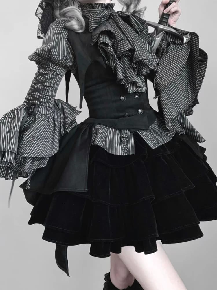 Japanese Gothic Vintage Lolita 3 Piece Set Striped Blouse + Chic Vest + Fluffy Cake Skirt New Fashion Dark Academia JK Suit 2024