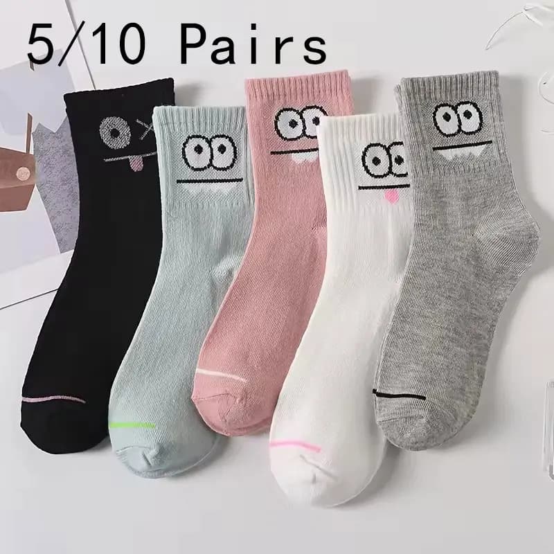 5/10 Pairs Women Cute Expression Printed Ankle Socks Comfort Interesting Spring Autumn Medium Tube Sock Kawaii Girls Short Socks