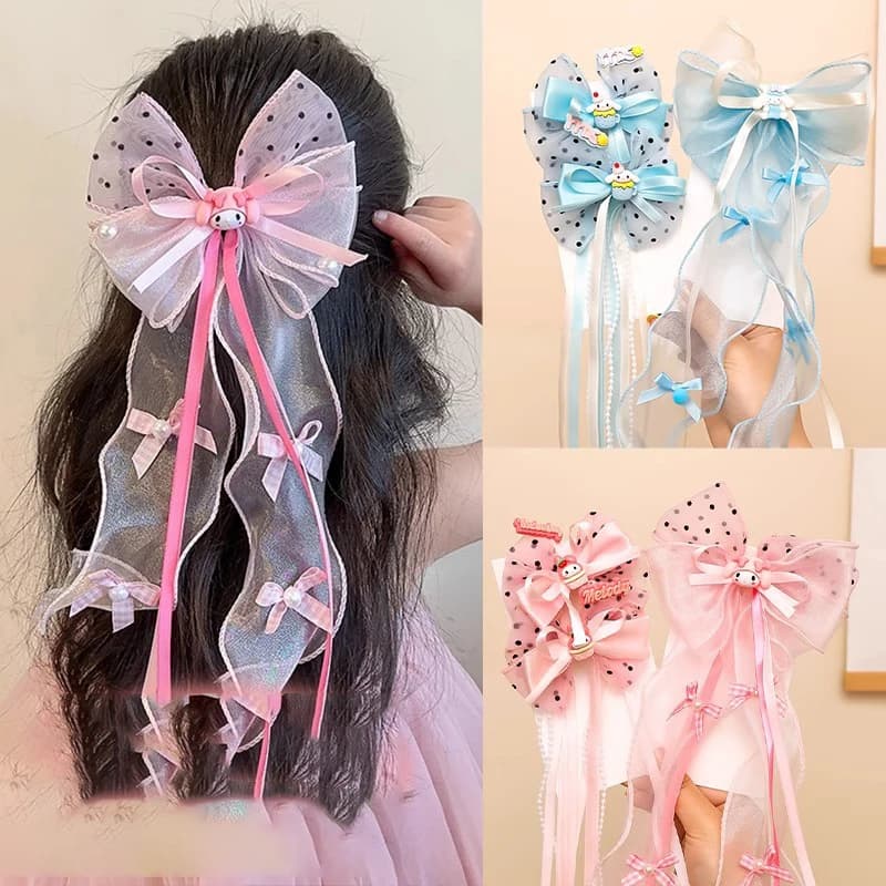 Sanrio Cartoon Princess Mesh Bow Hair Clip for Kids Korean Kuromi Ribbon Hair Clip Fashion Cute Girls Duckbill Clip