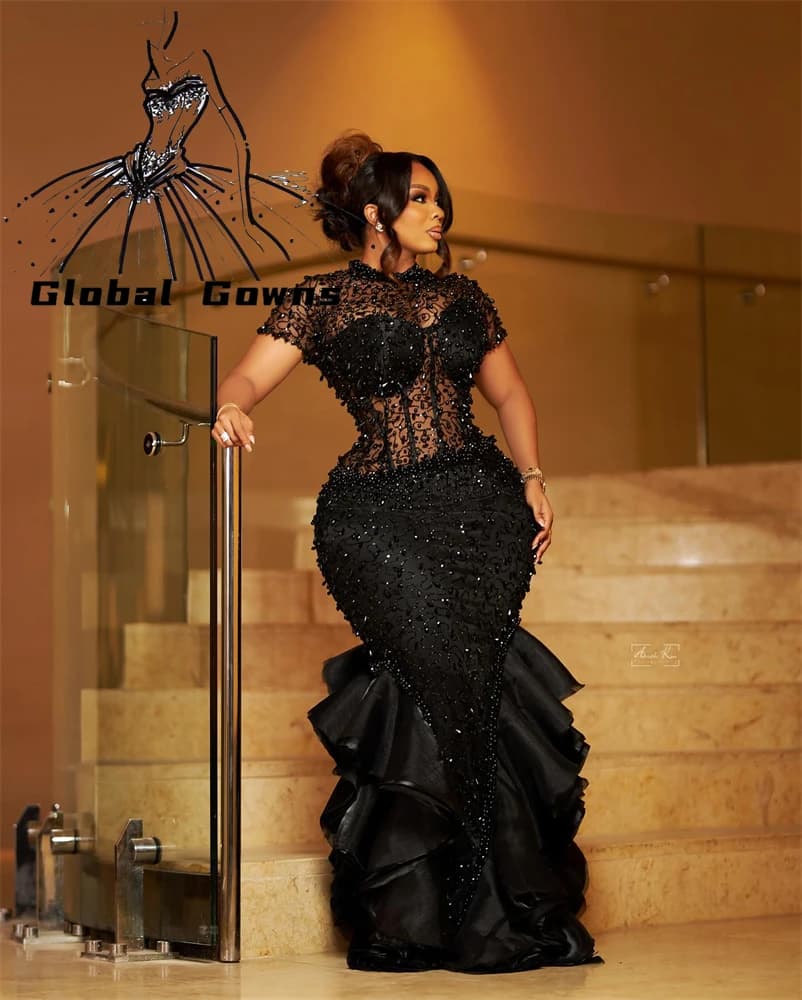 Sparkly Black Ruffles Aso Ebi Evening Dresses Bead Crystal 2024 Birthday Luxury Dress O Neck Mermaid Party Gown Customized