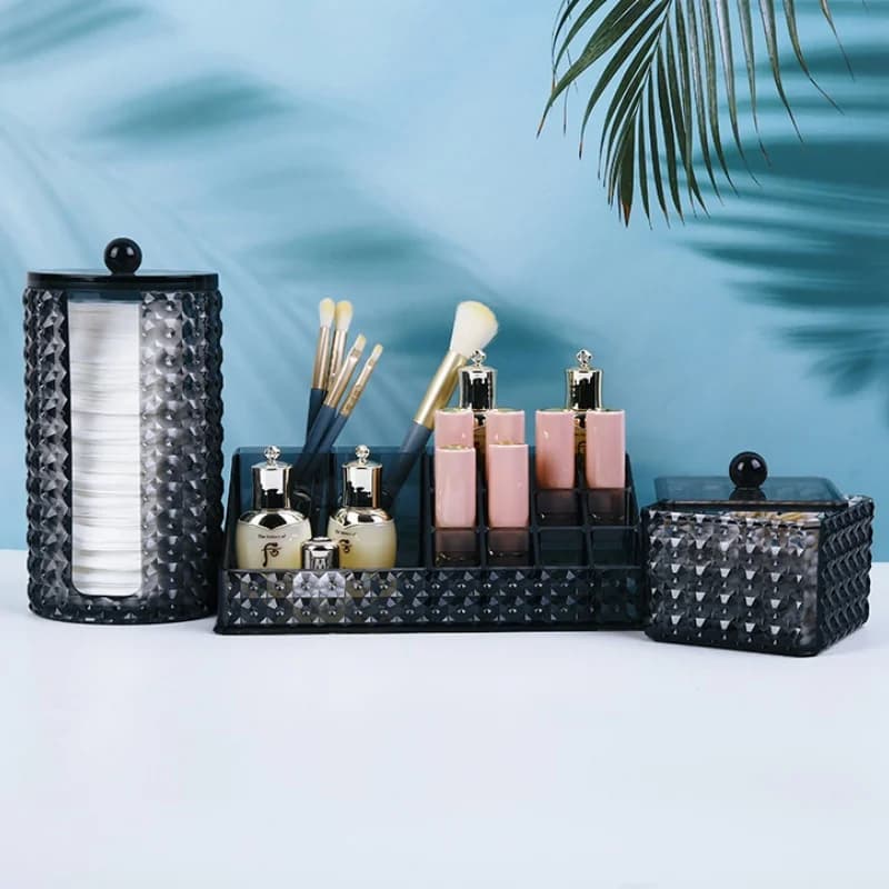 3 Kinds Optional Makeup Cotton Pads Organizer with Lid Translucent Black Plastic Makeup Swab Storage Box Lipstick Case