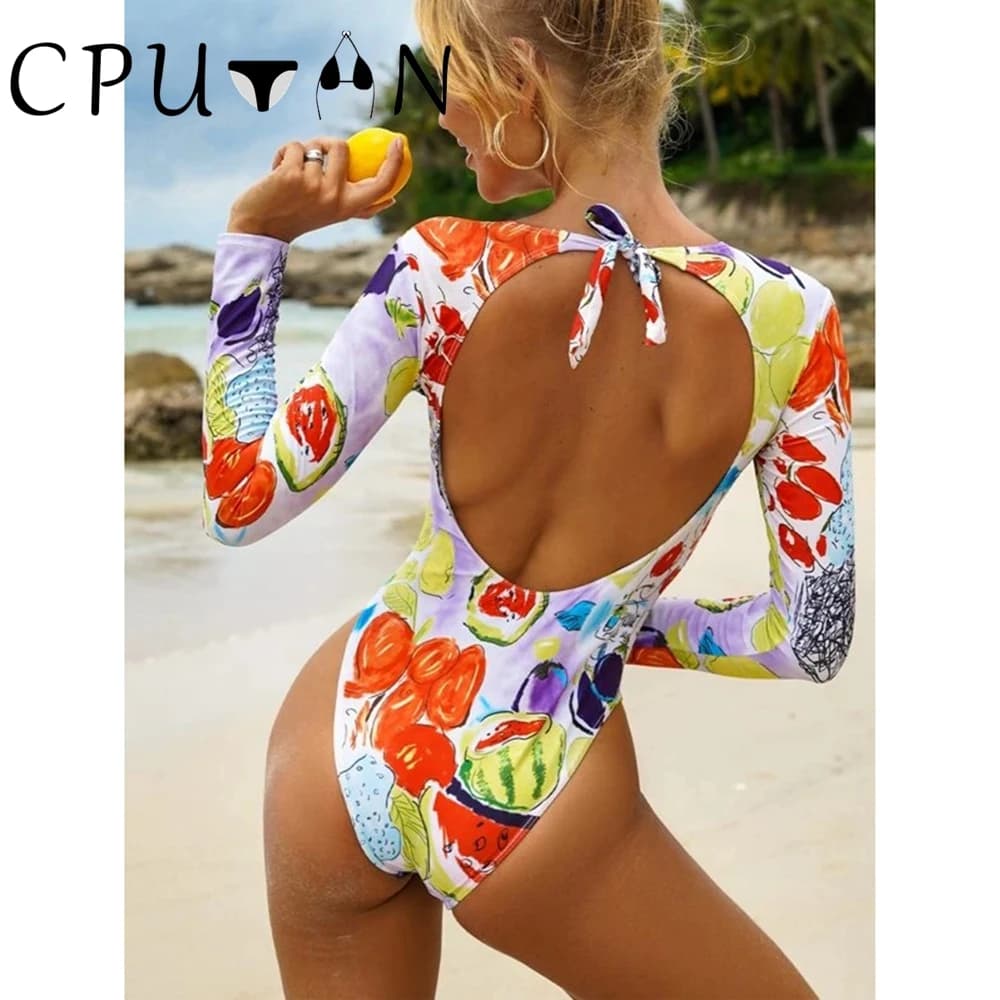 CPUTAN 2024 Backless One Piece Swimsuit Monokini Swimwear Brazilian Surf Summer Sport Vintage Print Women Bathing Suit Beachwear