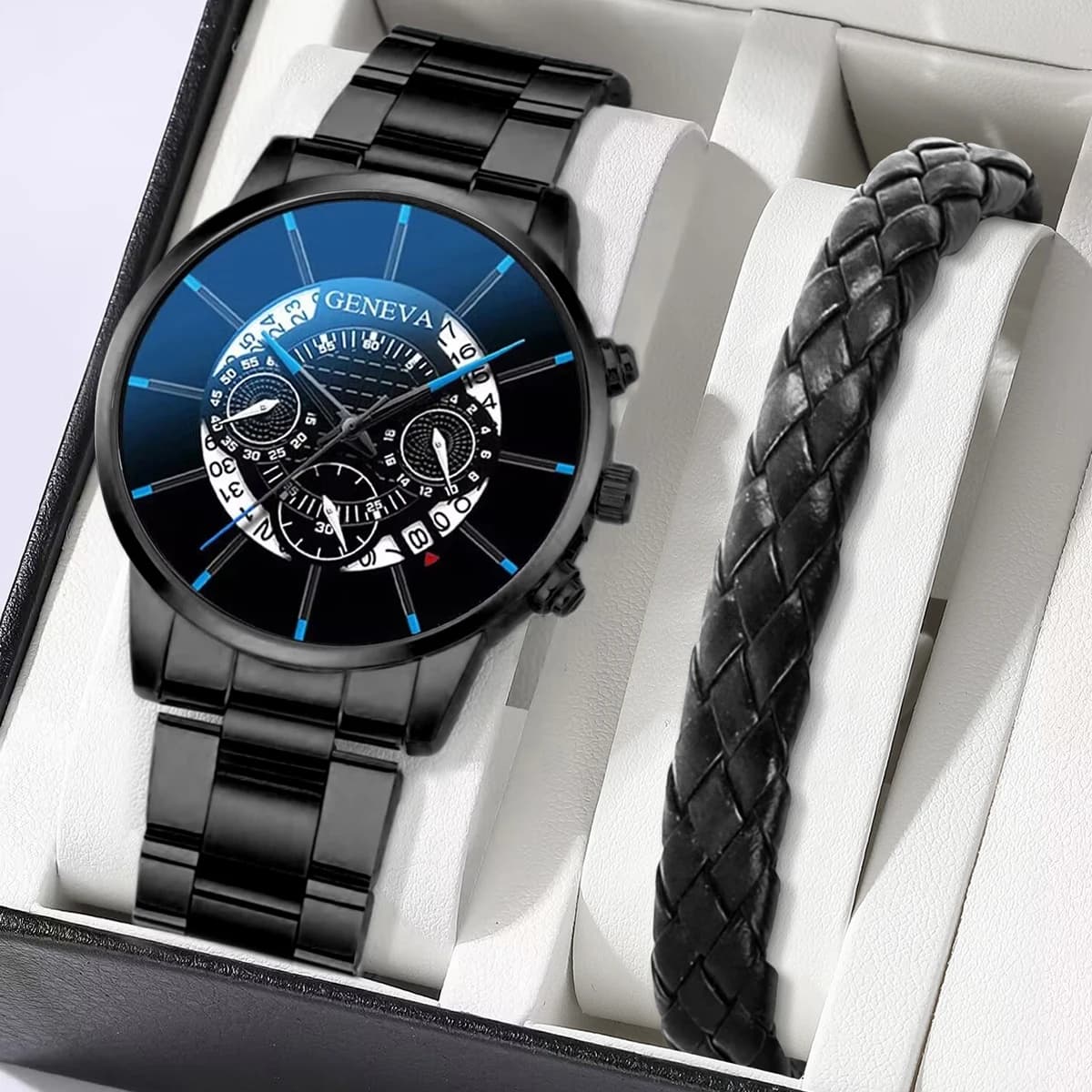 2PCS Men Business Watches Fashion Steel Band Male's Analog Quartz Watch Leather Bracelet Set Reloj Hombre(Without Box