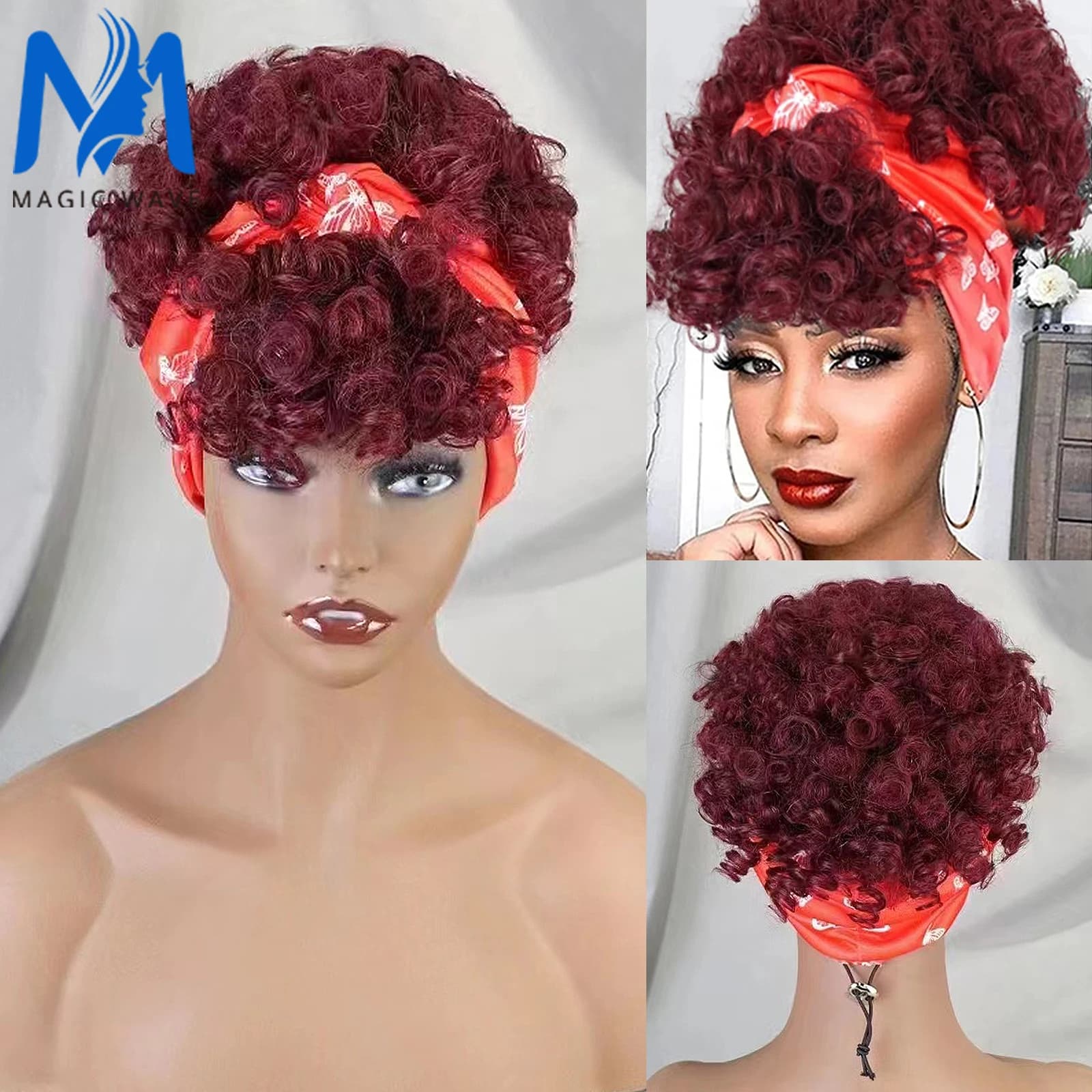 99J Burgundy Afro Kinky Curly Human Hair Headband Wigs Short Fluffy Curly Scarf Wig with Bangs Afro Bouncy Curly Headband Wig