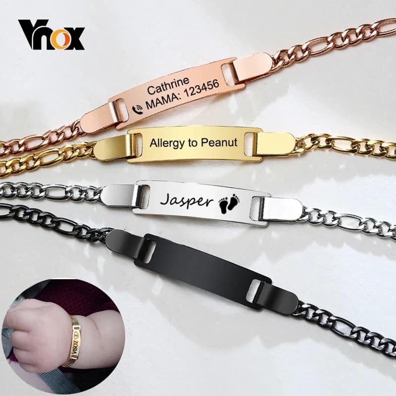 Vnox Mom Daughter Anti Allergy Stainless Steel Baby Bracelets Personalize Name Birth Date Bar Custom Girls Boys Baptism Gifts