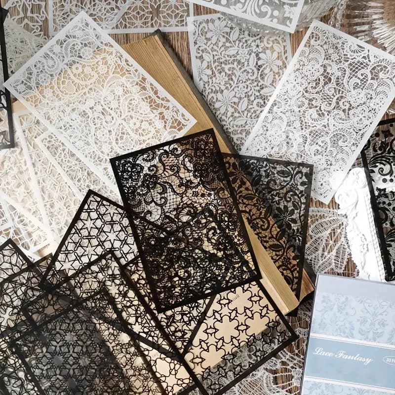 30pcs, Vintage Style Black And White Lace Stickers Book DIY Diary Junk Journal Decoration Collage PET Sticker Album Scrapbooking