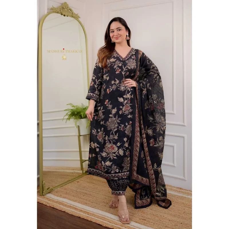 Festival Partywear Black Cotton Fabric Straight Printed Work Salwar Suit Dress