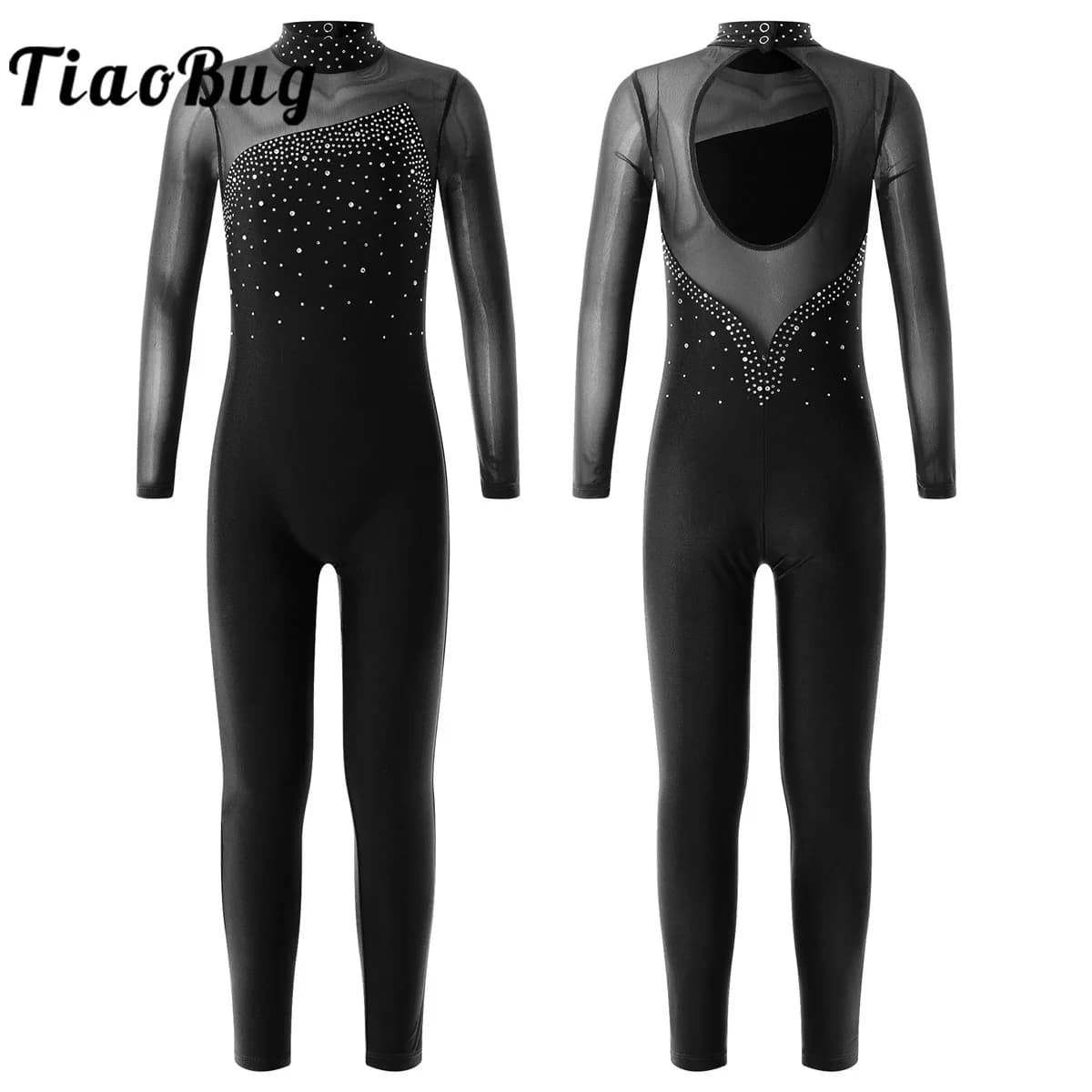 Girls Kids Long Sleeve Rhinestone Ballet Dance Leotard Sport Workout Bodysuit Jumpsuits Dancewear for Gymnastics Figure Skating