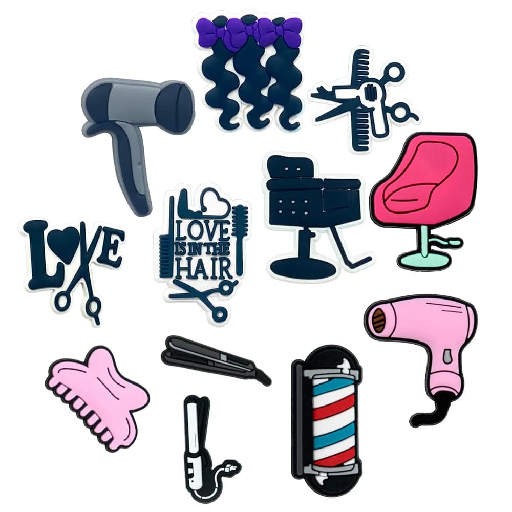 1/12pcs PVC Hairdressing Shoe Charms for Women Girl Pins Hairdryer Curling Iron Scissor Pins Accessories Shoe Decorations Buckle