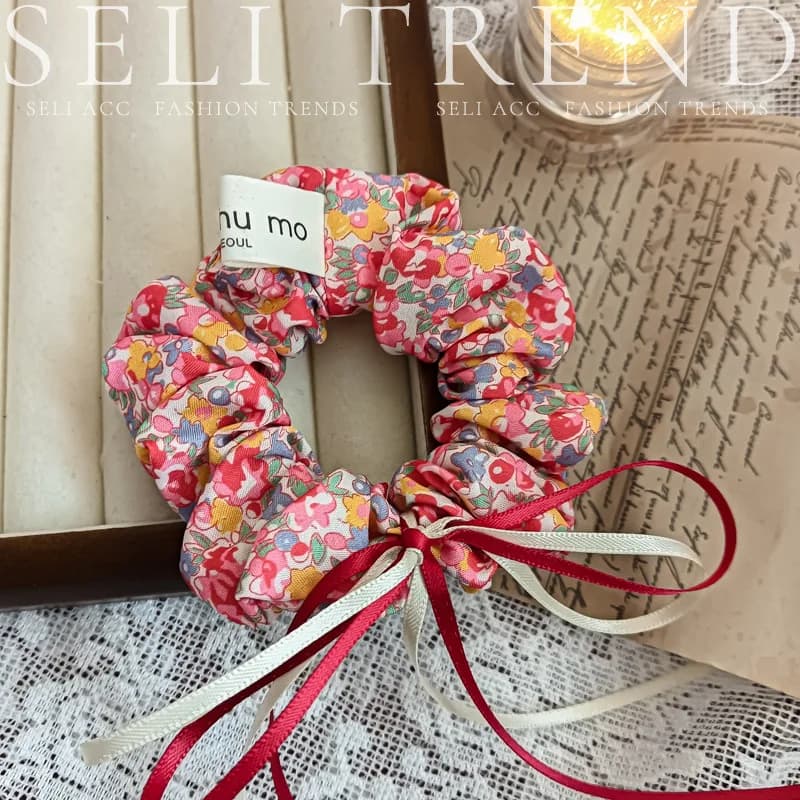French Fashion Plaid floralScrunchies for Hair bow ribbon French girlish ponytail tie hair accessory versatile Hair ties