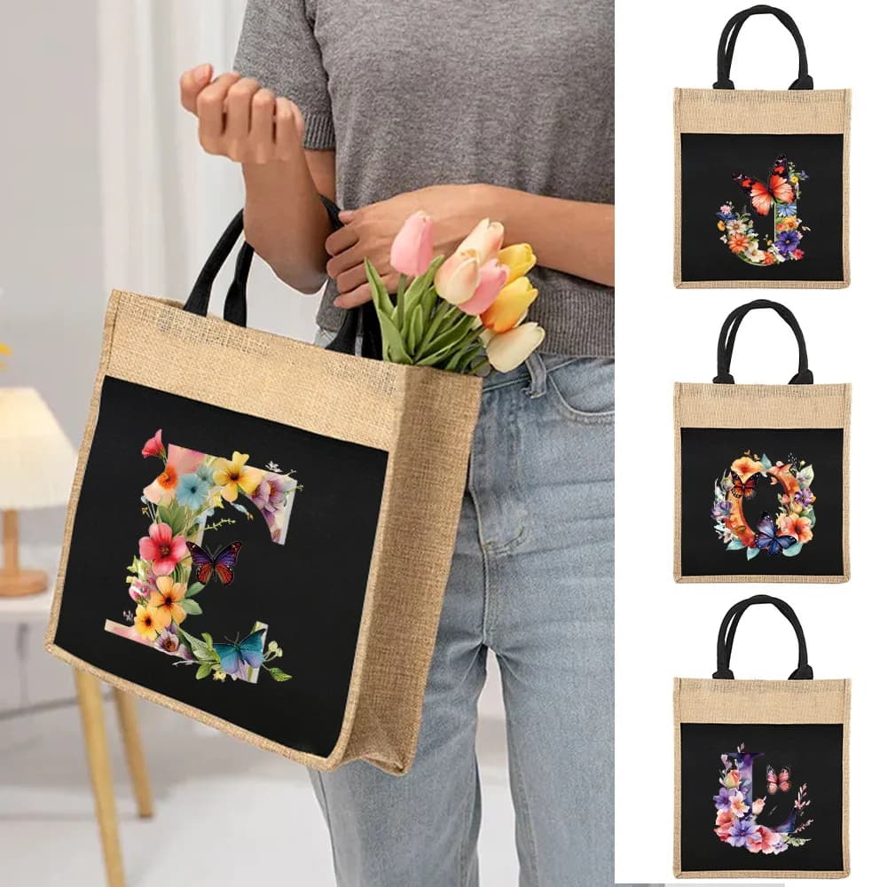 Large Capacity Shopping Bag Ladies Tote Linen Tote Bag Reusable Butterfly Letter Pattern Supermarket Grocery Storage Bag