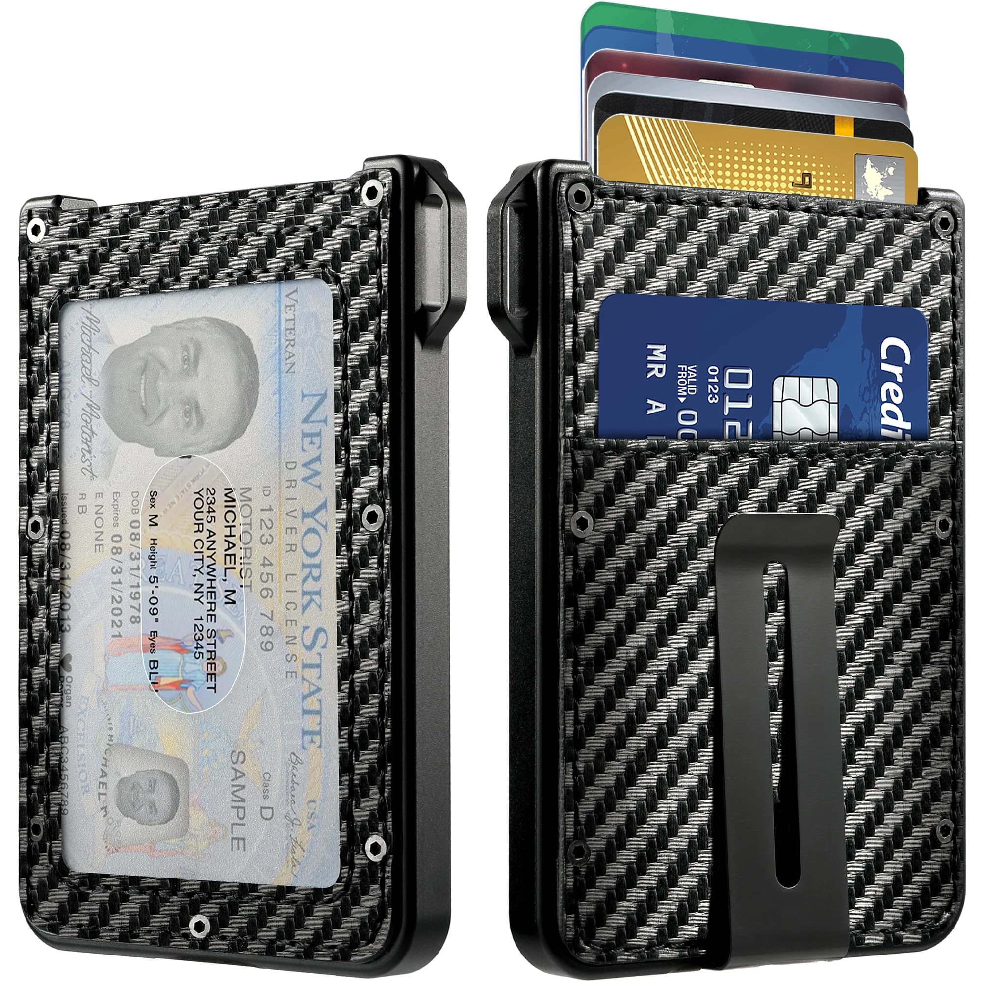 Wallet For Men - Aluminum Slim Carbon Fiber Leather Wallet,Holds up 10 Cards Card Holder with Clear ID Card Holder, Cash Clip