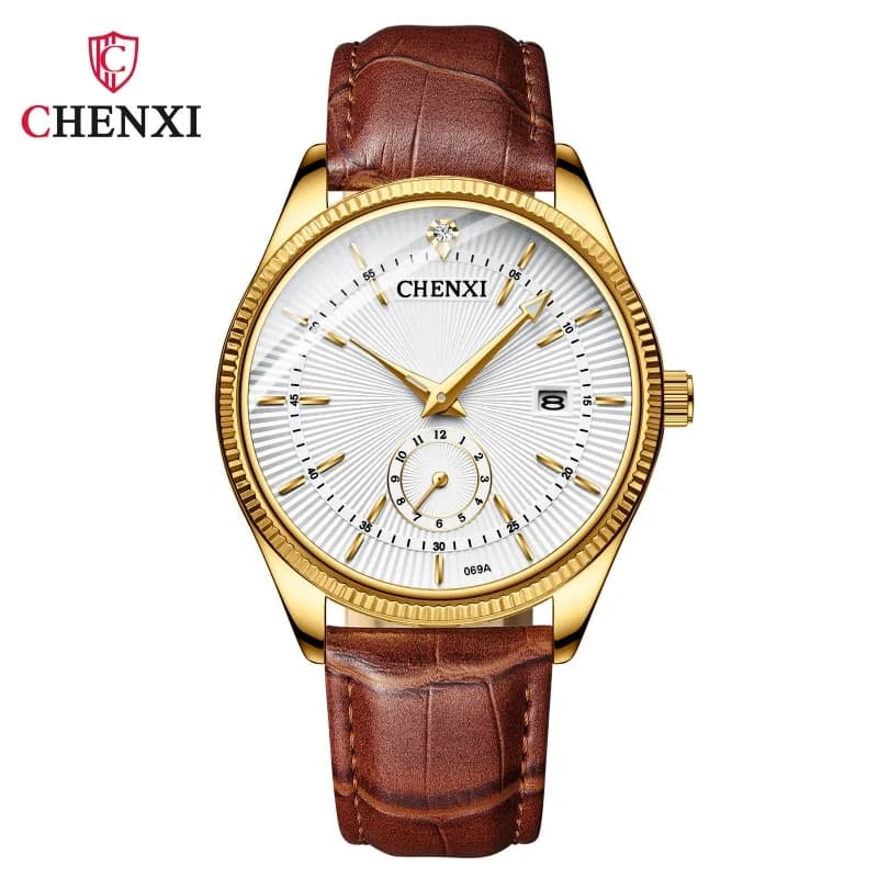 CHENXI 069A Men's Fashion Quartz Watch Elegant Gold Wristwatch Luminous Calendar Waterproof Leather Strap Business Men Watches