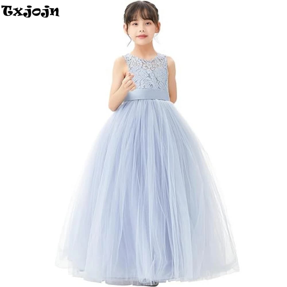 Popular Classic O-neck Sleeveless Flower Girls Dresses For Wedding Beautiful Lace Bow Ball Gown Dance Contest Violin Performance