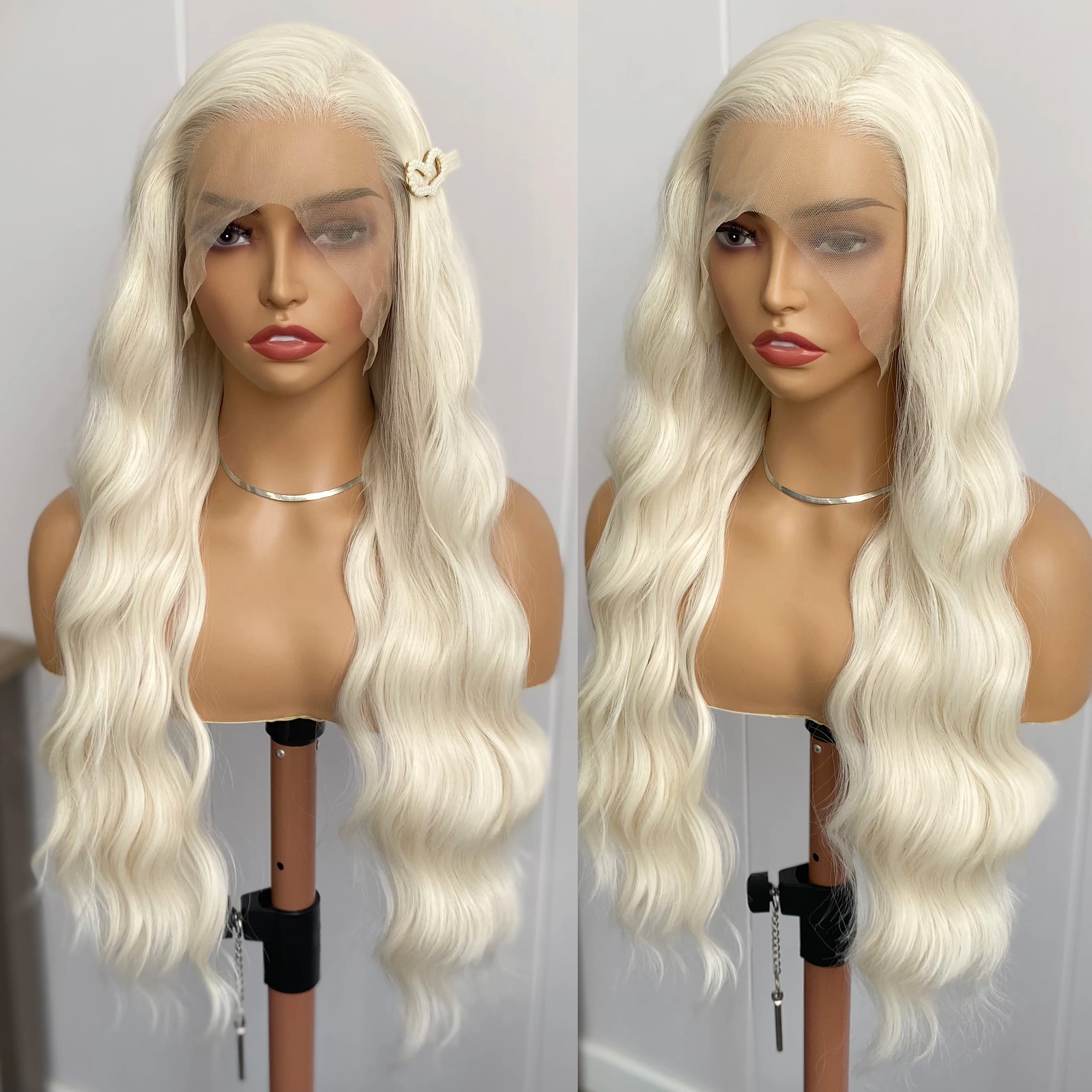 AIMEYA Platinum Blonde Long Natural Wave Wig Natural Hairline Daily Use Wig Synthetic Lace Front Wig Platinum Lace Hair Cosplay