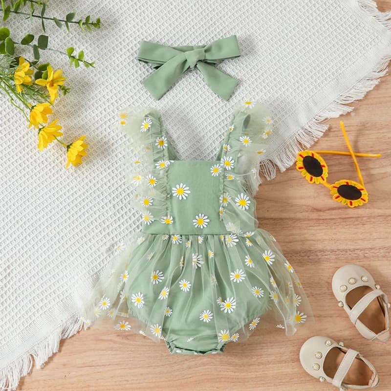 Toddler Girl 2-Piece Summer Set Floral Print Ruffle Sleeve Romper with Mesh Dress and Matching Headband Ensemble