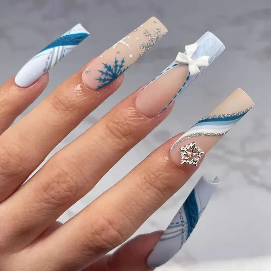 Christmas Winter Snowflake White Bowknot Blue Bandage French Long Fake Nails Art Detachable Finished False Nails Press on Nails