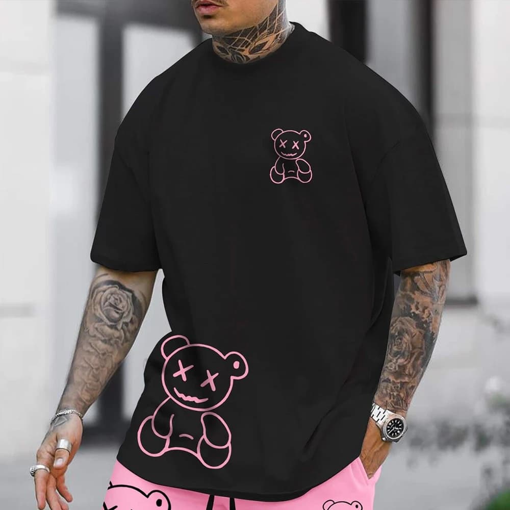 2025 Summer Men's Clothing 100% Cotton Men T-shirt HD Printing Funny Bear Going Out Track Boyfriend Gift
