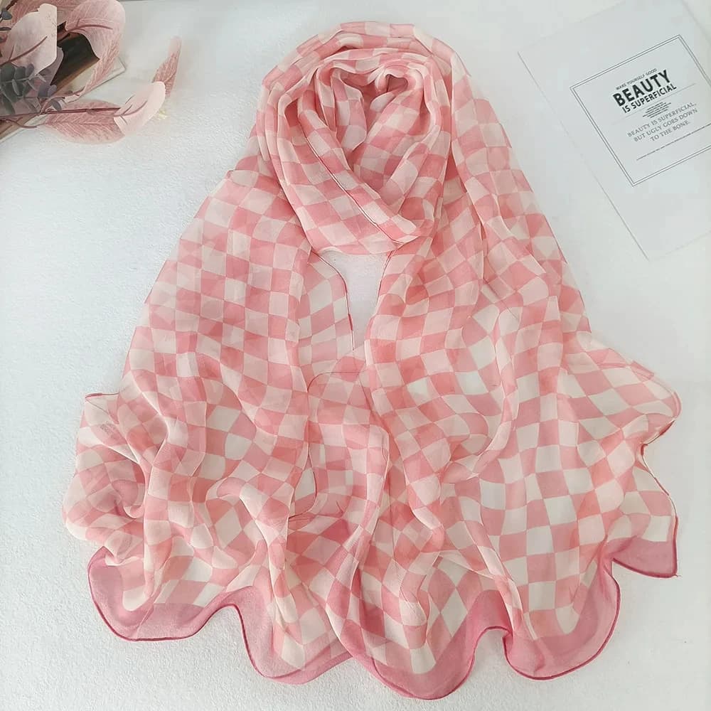Fashions Plaid Scarves Women Foulard Elegant Chiffon Georgette Bandana Silk Scarf Summer Beach Travel Sunscreen Thin Hijab Cape