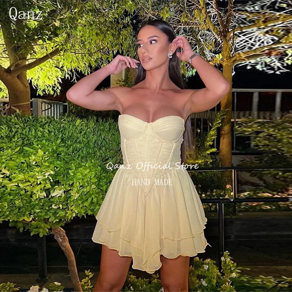 Qanz Sexy Yellow Prom Dresses Mini Short Chiffon Lace Up Back Vestidos Para Eventos Especiales Dress Party Nigh Club Customized