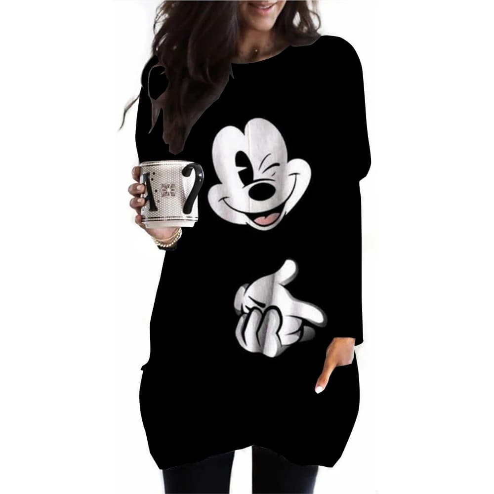 Women's Spring and Autumn New S-3XL Large T-shirt Solid Color Long Sleeve Loose Disney's Mickey Mouse Casual Harajuku Waist T-sh