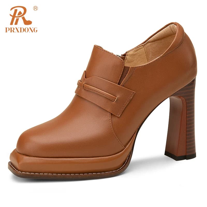 PRXDONG Women's Pumps New Spring Autumn Genuine Cow Leather High Heels Platform Zipper Black Brown Dress Office Lady Shoes 34-39