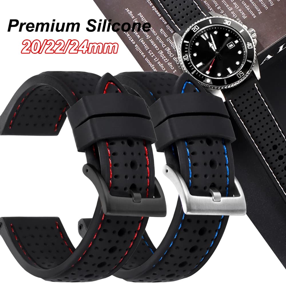 Premium Silicone Watch Band Waterproof Soft Rubber Strap 20mm 22mm 24mm Breathable Watch Strap Replacement for Universal Watch