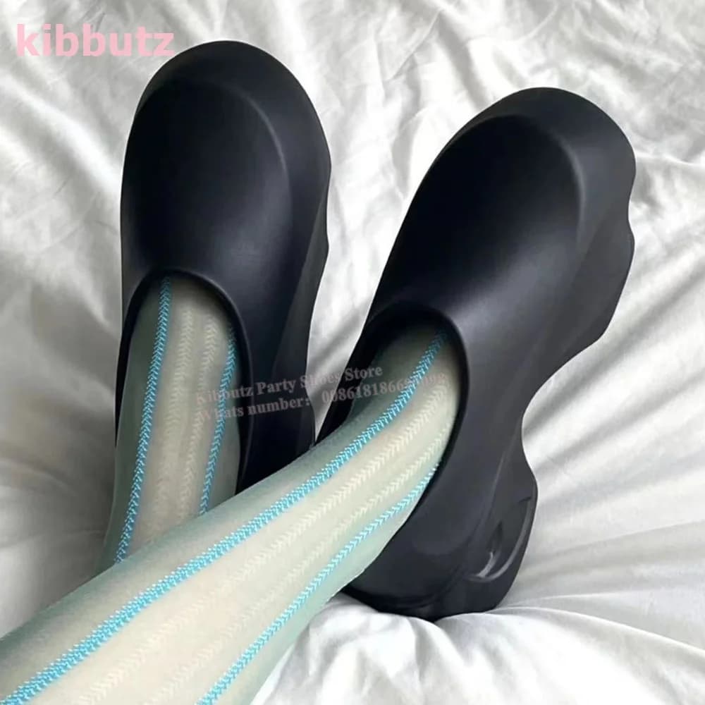 Rubber Reef Thick Sole Pump Slippers Genuine Leather Solid Black Round Toe Fashion Sweet Cool Hottie Style Women Shoes Newest