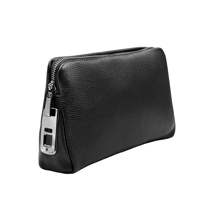 Men Zipper Leather Wallet Smart Fingerprint Security Anti Theft Handbag Black