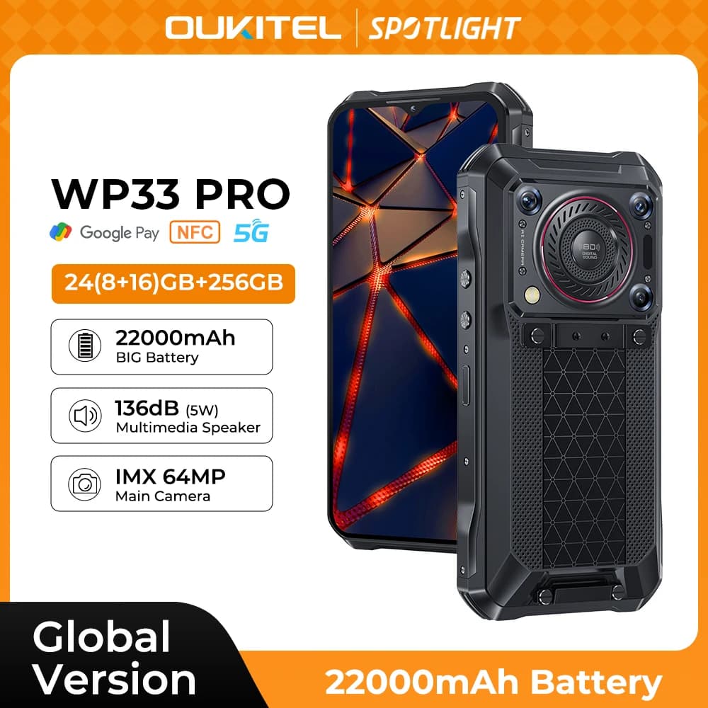 Oukitel WP33 Pro 5G Rugged Smartphone 22000mAh 6.6" FHD+ Cell phone 24GB 256GB Mobile Phone 64MP Camera 33W