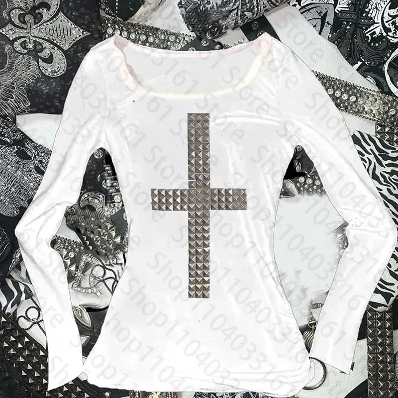Gothic Grunge Punk Emo Girls Long Sleeve T-Shirt Sexy Slim Chic Print Casual Crop Tops Y2K Harajuku Aesthetic Women's Streetwear