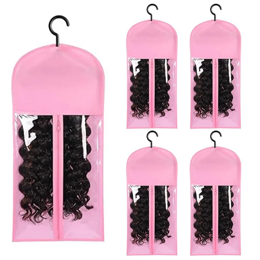 5 Groups Wig Storage Bags with Transparent Dust-Proof Covers and Durable Hangers(5Dust Covers + 5 Hangers)