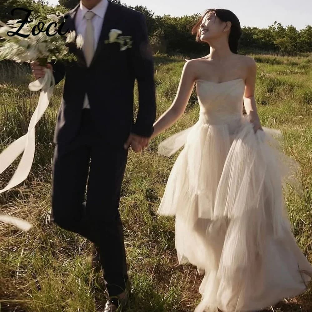 Zoci Princess Sweetheart Korea Wedding Dresses Customized Pleat Tiered Tulle Bride Photos Shoot Dress Floor Length Bridal Gown