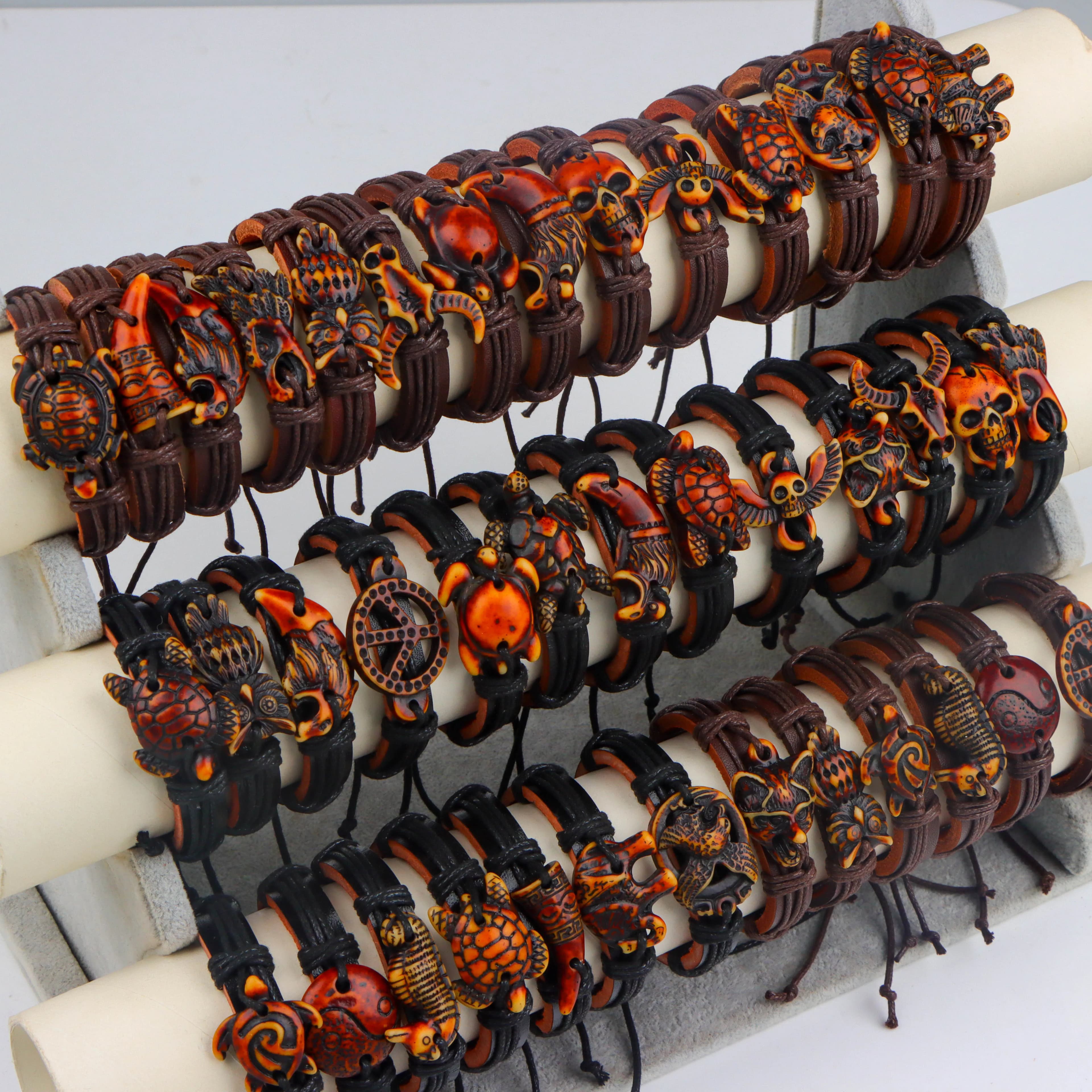 20Pcs/Lot Vintage Animal Adjustable Leather Bracelets Handmade Black/Brown Wristbands Men's Women's Jewelry Party Gift Mix Style