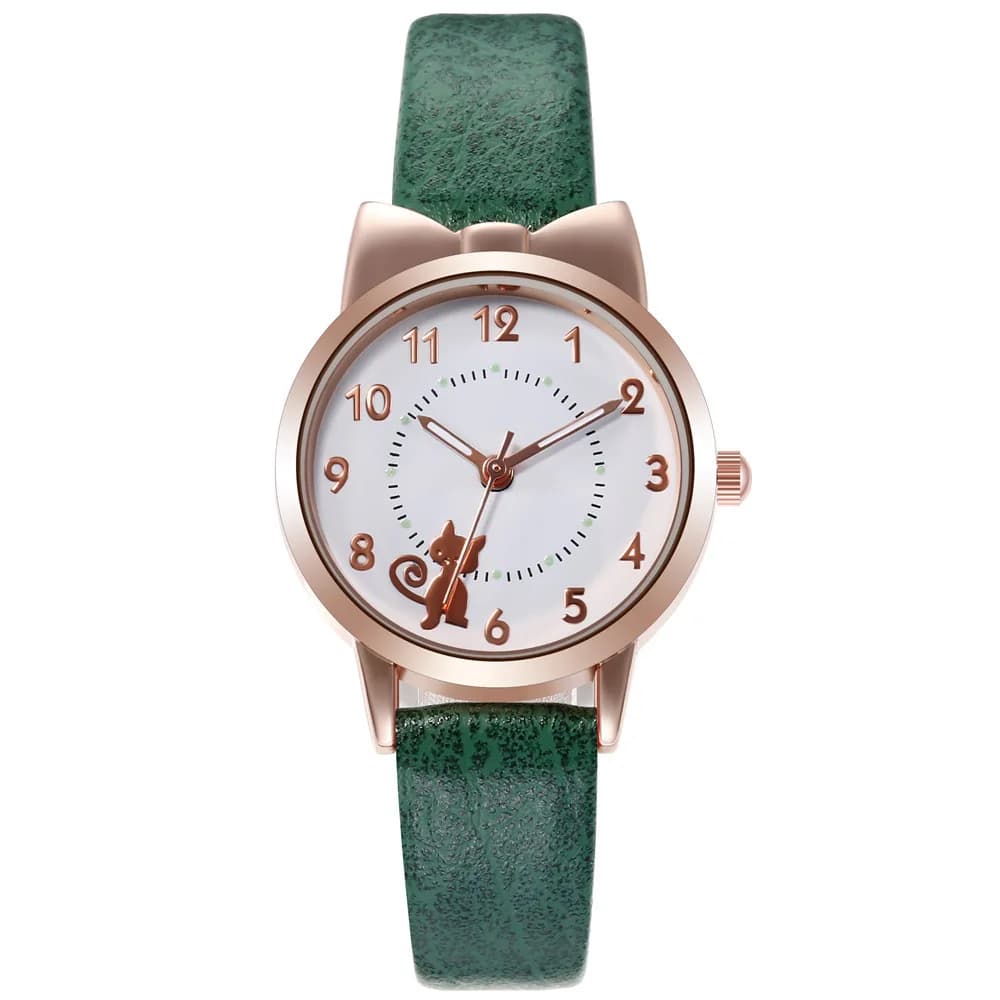 Fashion Kids Lovely Cat Digital Dial Children Watch Set Leather Strap Quartz Watches Kid Girls Clock Children Watch