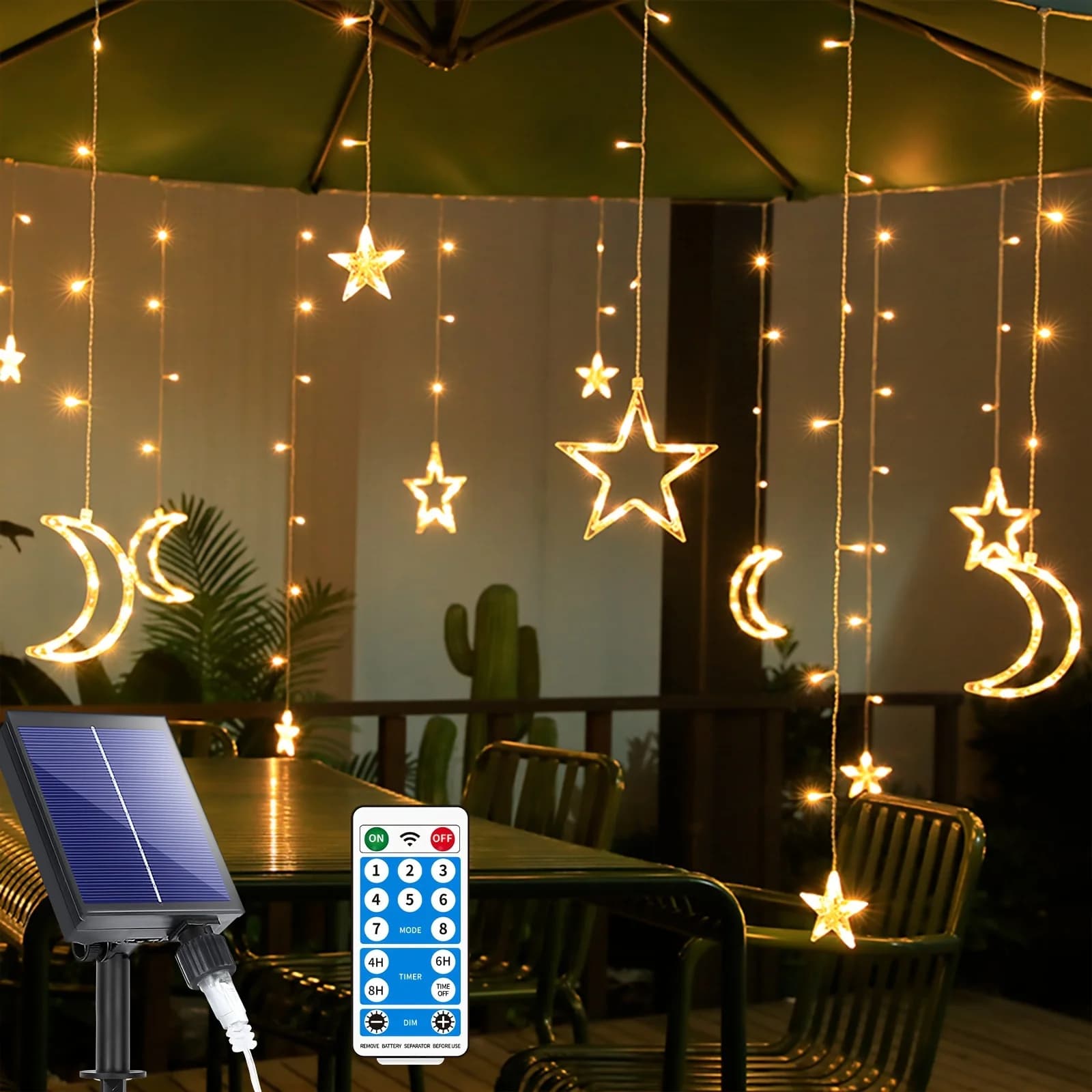 Moon Star Lamp LED Solar Fairy Curtain Light Outdoor 8-Mode Waterproof Timer Remote Control for Porch Window Backyard Tent Decor