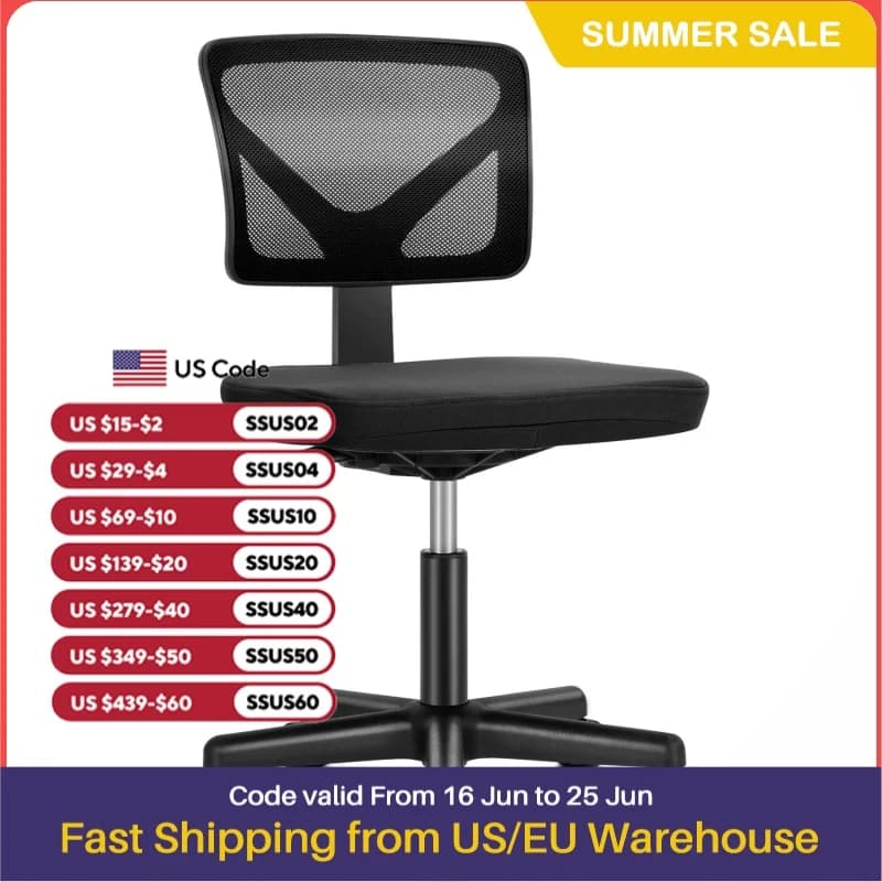 JHK Mesh with Lumbar Support Armless Office Chair Low Back with Wheels Adjustable Height 360° Rolling Swivel Computer Chair