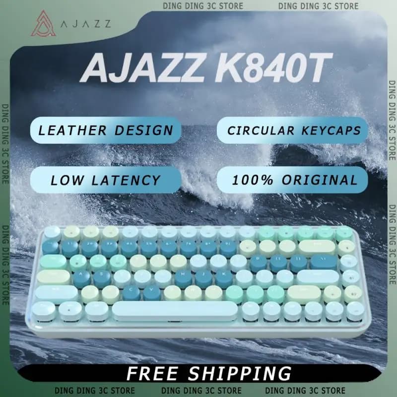 AJAZZ K840T Bluetooth Mechanical Keyboard 3-Mode 84keys Circular keycaps Low Latency Leather Design PC Luminous Gaming Keyboard